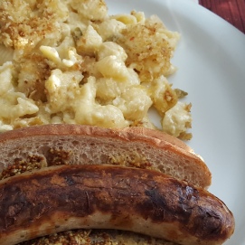 Bratwurst (the pale kind, not red) & mac 'n' cheese